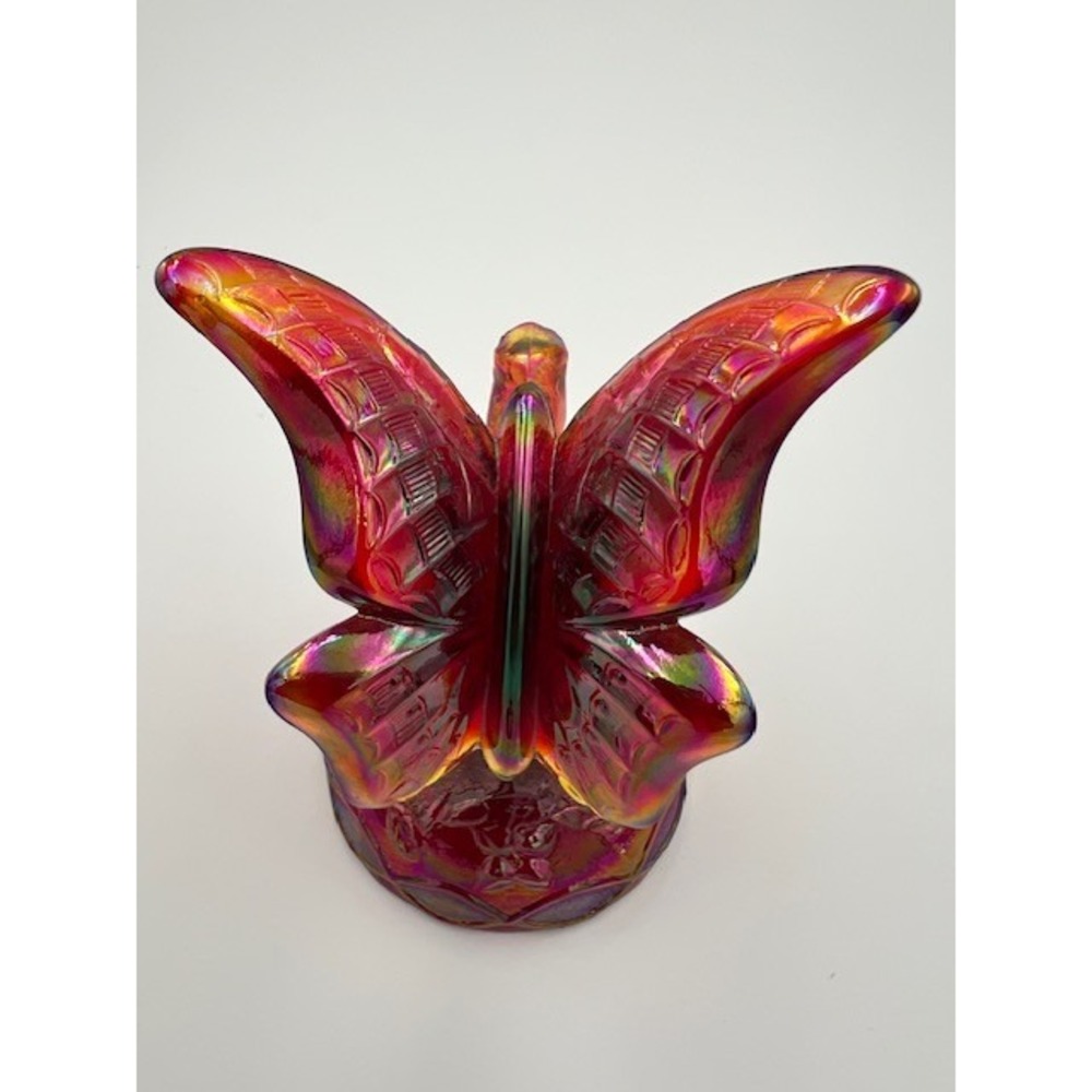 Fenton Red Carnival Glass Butterfly on Branch Figurine Iridescent Art Glass